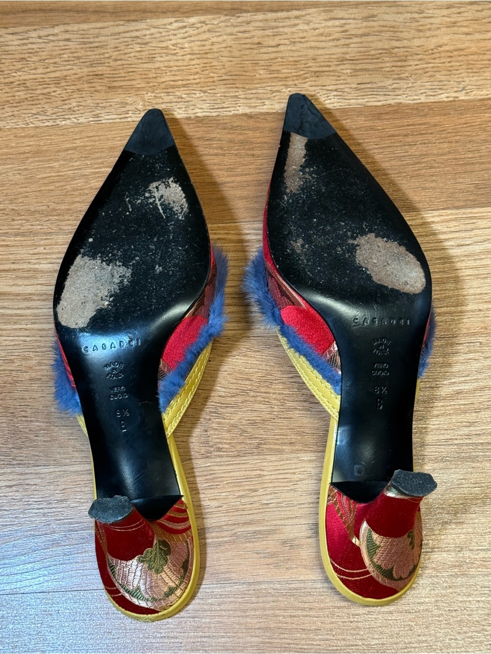 Casadei Italy Brocade Mule Heels Fur Trim Pointed Toe Size 8.5 - Picture 5 of 10